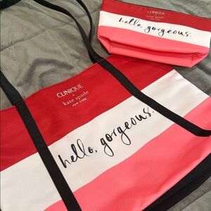 Clinique x Kate Spade Bold Red and Pink Striped Tote